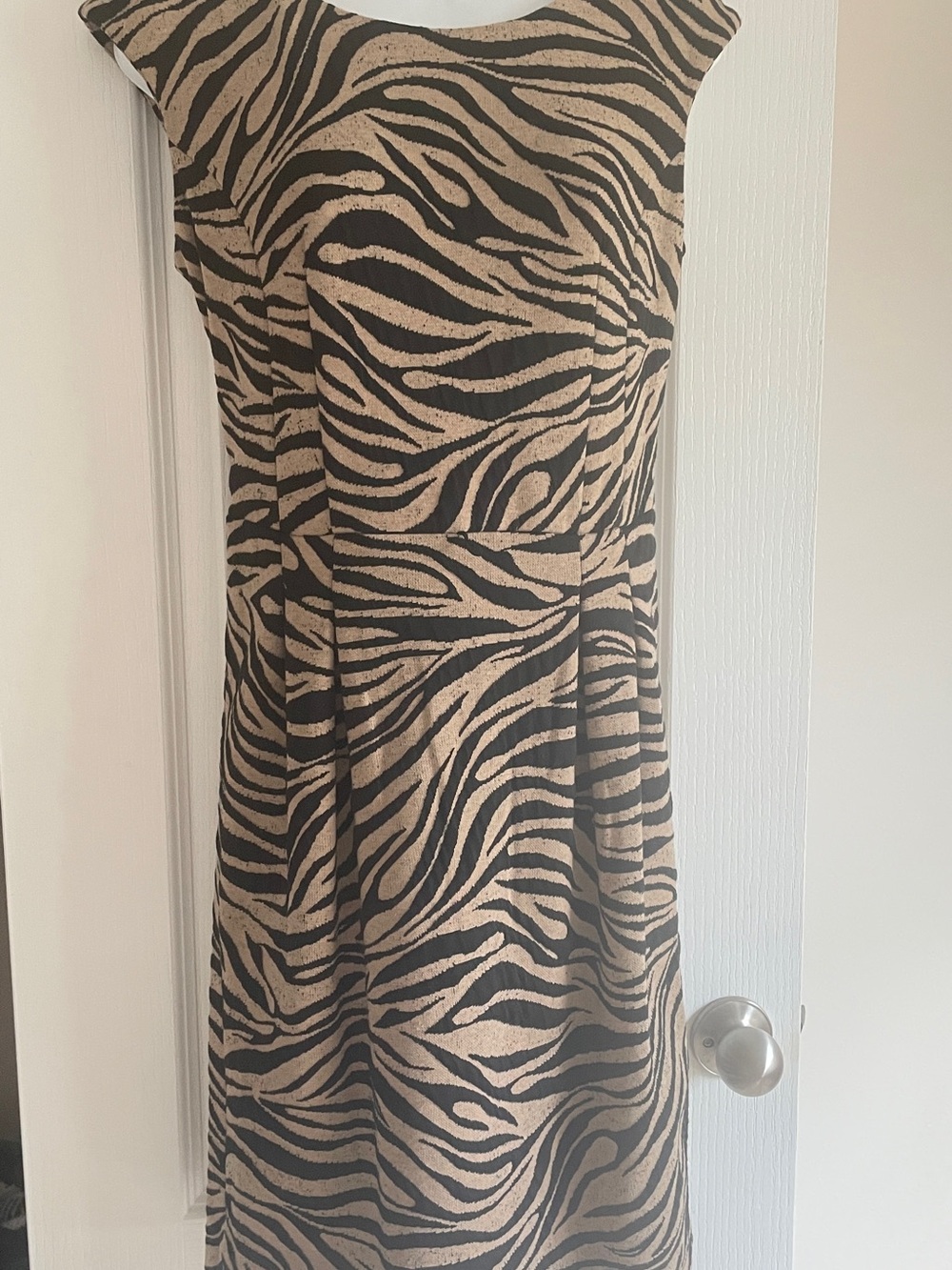 Sleeveless Zebra-Print Shift Dress in Beige and Black